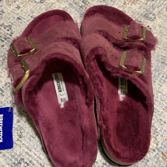 Birkenstock Arizona Shearling Sandals in Maroon - Picture 2 of 14